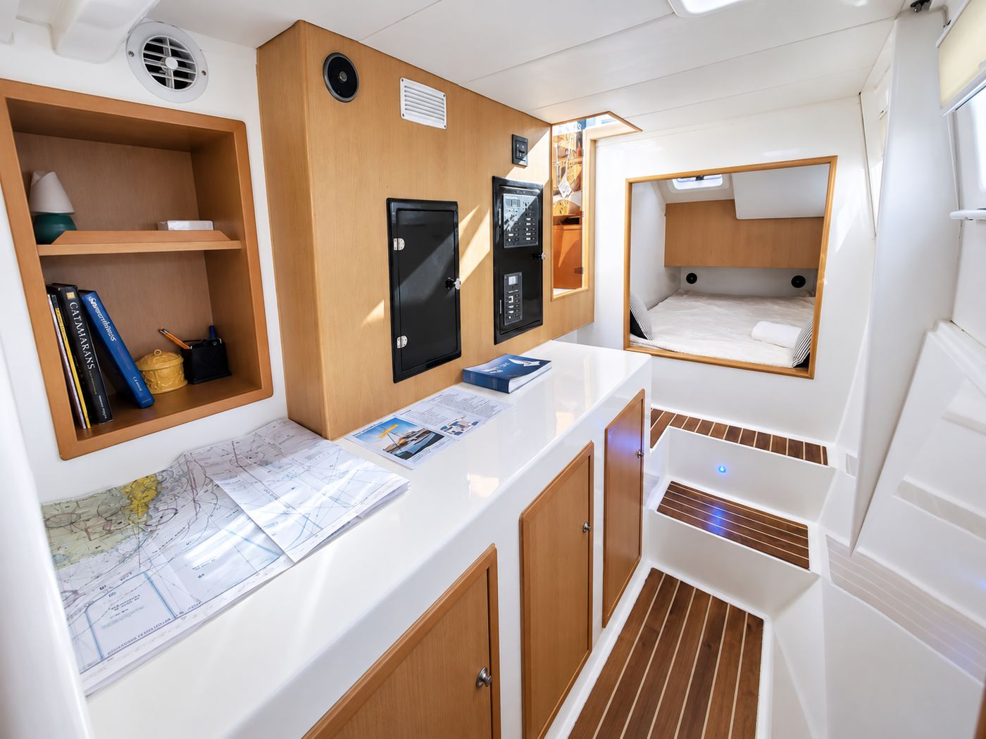 Navigation desk and cabin entrance